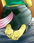  5j4c720 anthro butt close-up clothing equine faceless_female female fluttershy_(mlp) foot_fetish foot_focus friendship_is_magic horse human_feet jeans kneeling mammal my_little_pony on_bed pink_tail plantigrade pony soles solo toes 