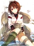  breasts brown_eyes brown_hair commentary_request hyuuga_(kantai_collection) japanese_clothes kantai_collection large_breasts looking_at_viewer partially_submerged pleated_skirt short_hair signature skirt solo toosaka_asagi 