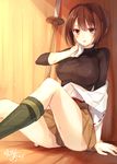 bokken breasts brown_eyes brown_hair commentary_request hyuuga_(kantai_collection) japanese_clothes kantai_collection large_breasts looking_at_viewer partially_undressed pleated_skirt shinai short_hair signature skirt solo sweat sword toosaka_asagi weapon wiping_sweat wooden_sword 