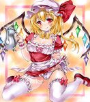  alternate_costume artist_name at_classics blonde_hair blush bow bow_legwear bow_panties bowtie breasts cameltoe cleavage enmaided fang flandre_scarlet frilled_legwear garters hat kneeling lace lace-trimmed_panties long_hair looking_at_viewer maid mary_janes medium_breasts panties red_eyes sample shoes side-tie_panties side_ponytail skirt skirt_lift smile solo teapot thighhighs touhou underwear white_legwear white_panties wings 