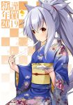  1girl 2019 animal_ear_fluff animal_ears bangs blue_kimono blush checkered checkered_background closed_mouth commentary_request eyebrows_visible_through_hair fingernails floral_print food hair_between_eyes happy_new_year high_ponytail highres holding holding_food holding_plate japanese_clothes kimono long_sleeves looking_at_viewer new_year obi original plate ponytail print_kimono red_eyes sash shachoo. sidelocks silver_hair sitting solo wolf_ears wolf_girl 