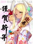  1girl bangs blonde_hair blush boar breasts closed_mouth dark_skin draph floral_print fur_trim granblue_fantasy hagoita hair_ornament hanetsuki happy_new_year hong_(white_spider) horns japanese_clothes kimono kuvira_(granblue_fantasy) long_hair looking_at_viewer nail_polish new_year one_eye_closed paddle parted_bangs pink_nails pointy_ears smile white_kimono 