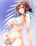  areolae arm_support bare_shoulders bikini breasts brown_eyes brown_hair cleavage day front-tie_top glasses groin hair_ornament hair_up heppoko_r large_breasts leaning_back navel open_mouth original short_hair solo strap_gap string_bikini swimsuit untied wet white_bikini 