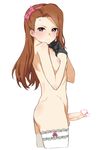  ass black_gloves blush breasts brown_hair censored erection flat_ass foreskin futanari gloves hairband heart heart_censor highres hisakawa_riho idolmaster idolmaster_(classic) long_hair looking_at_viewer md5_mismatch minase_iori nipples penis red_eyes simple_background small_breasts solo testicles thighhighs veins veiny_penis white_background white_legwear 