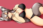 animal_ears between_legs black_bra black_panties blush bra breasts brown_hair embarrassed fang frilled_bra frills hand_on_own_chest highres imaizumi_kagerou large_breasts long_hair looking_at_viewer lying midriff navel on_back open_mouth panties red_background red_eyes side-tie_panties simple_background solo tail tail_between_legs taku_(yakumodaisuki) touhou underwear underwear_only wolf_ears wolf_tail 