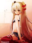  alternate_costume amatsukaze_(kantai_collection) brown_eyes commentary garter_straps kantai_collection long_hair looking_at_viewer looking_back ototsu_kei red_legwear silver_hair solo striped striped_legwear thighhighs translated twitter_username two_side_up underwear underwear_only 