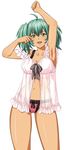  1girl armpits arms_up bra breasts dark_skin green_eyes green_hair ikkitousen large_breasts official_art panties ryofu_housen simple_background smile solo standing underwear white_background 