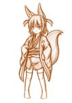  animal_ears fox_ears fox_tail hands_on_hips highres himeka_chidori japanese_clothes kimono looking_at_viewer minaha_(playjoe2005) monochrome obi original sash short_hair short_kimono simple_background sketch smile solo tail white_background 