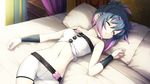  bare_shoulders bed bike_shorts blue_hair breasts closed_eyes crotch_seam game_cg gradient_hair lying midriff multicolored_hair navel on_back orion_(orionproject) pigu_geliciam pillow purple_hair rance_(series) rance_ix sleeping small_breasts solo 