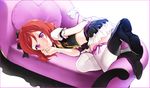  belt blush boots couch highres looking_at_viewer love_live! love_live!_school_idol_project lying masami05071541 midriff nishikino_maki no_brand_girls puffy_sleeves purple_eyes red_hair short_sleeves skirt smile solo thighhighs white_legwear zettai_ryouiki 