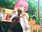  asymmetrical_legwear bench blue_eyes blush breasts detached_sleeves dog game_cg long_hair medium_breasts outdoors pantyhose park_bench pink_hair puppy rance_(series) rance_01 sill_plain sitting smile solo 