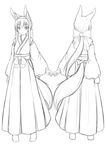  animal_ears fox_ears fox_tail from_behind greyscale hakama himeka_chiyako japanese_clothes long_hair looking_at_viewer minaha_(playjoe2005) monochrome multiple_views original smile tail turnaround 