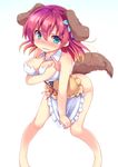  angry animal_ears apron aqua_eyes ass bare_shoulders blush bottomless breasts cleavage covering covering_crotch dog_ears gradient_hair large_breasts mokoke multicolored_hair no_game_no_life no_panties red_hair short_hair solo stephanie_dora tail tears 