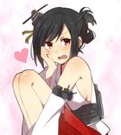  bare_shoulders black_hair breasts detached_sleeves folded_ponytail hair_ornament hair_up hand_on_own_cheek japanese_clothes kantai_collection knees_up large_breasts nontraditional_miko open_mouth red_eyes short_hair sitting solo wavy_mouth yamashiro_(kantai_collection) yukichi_(eikichi) 