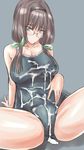  breasts brown_hair bukkake cleavage competition_school_swimsuit cum cum_on_body cum_on_breasts cum_on_upper_body glasses huge_breasts looking_at_viewer one-piece_swimsuit school_swimsuit selector_wixoss solo spread_legs swimsuit takamura_wamu twintails uemura_hitoe wixoss 