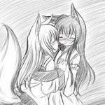  animal_ears blush detached_sleeves fox_ears fox_tail greyscale hanami_shione highres holding_hands interlocked_fingers long_hair minaha_(playjoe2005) monochrome multiple_girls original shared_food sketch tail tamani_wakashi 