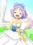  blush bouquet bow bridal_veil closed_eyes day dress flower hair_bow happy hiiragi_tsukasa holding kanizawa_kinu lucky_star nyamou open_mouth purple_hair ribbon short_hair sky solo veil wedding_dress 