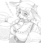  &#12365;&#12367;&#12425;&#12370; alcohol beer beverage big_breasts black_and_white blush bovine bow breasts cattle chubby cleavage clothed clothing collar cowbell dirndl drink ear_piercing eyes_closed female hair happy horn japanese_text kikurage mammal monochrome open_mouth piercing plain_background short_hair smile solo text translated ushi white_background 