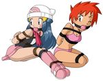  2girls ball_gag bdsm blue_hair bondage bound bra gag hikari_(pokemon) multiple_girls nozomi_(pokemon) pokemon red_hair rope tied tied_up underwear 