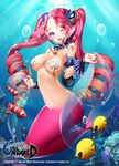  ;d aile_(crossroads) blush bubble character_request detached_sleeves fan fish head_fins long_hair looking_at_viewer mermaid monster_girl navel nipple_tassels one_eye_closed open_mouth pink_hair purple_eyes shell shell_bikini smile solo twintails underwater unleashed 