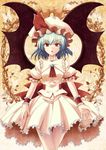  absurdres arm_ribbon ascot bat_wings blue_hair brooch dress hat hat_ribbon highres jewelry looking_at_viewer mob_cap open_mouth pink_dress puffy_sleeves red_eyes remilia_scarlet ribbon sash short_sleeves slit_pupils solo touhou uzura_purin wings wrist_cuffs 