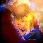  1girl archer artoria_pendragon_(all) blonde_hair dark_skin die fate/stay_night fate_(series) hug saber sleeping tan white_hair 