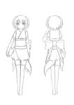  amaku_mitsuka detached_sleeves dog_tail from_behind greyscale japanese_clothes kimono looking_at_viewer minaha_(playjoe2005) monochrome multiple_views obi original sash short_hair short_kimono sketch tail thighhighs turnaround 