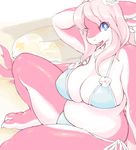  big_breasts bikini blue_eyes breasts chubby dragon female hair inner_tube kikurage long_hair looking_at_viewer open_mouth pink_hair pink_skin scalie solo swimsuit thick_thighs voluptuous wide_hips 