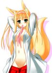  animal_ears arms_up blonde_hair blush breasts fox_ears fox_tail green_eyes hairband himeka_chiyako large_breasts long_hair minaha_(playjoe2005) mouth_hold navel no_bra no_panties open_clothes open_shirt original ribbon shirt simple_background skirt solo tail white_background 