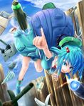  backpack bag blue_eyes blue_hair claws drill drum_(container) hair_bobbles hair_ornament hat highres kawashiro_nitori key looking_at_viewer open_mouth pointing refrigerator shield short_hair shuwasshoi smile solo torpedo touhou turret two_side_up water_gun wrench 