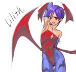  :d armpits ass_visible_through_thighs bare_shoulders character_name cleavage_cutout commentary covered_navel covered_nipples cowboy_shot demon_wings elbow_gloves flat_chest gloves hand_up head_wings lilith_aensland low_wings open_mouth pantyhose purple_gloves purple_hair purple_legwear red_eyes short_hair simple_background smile solo tetsu_(kimuchi) vampire_(game) white_background wings 