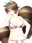  animal_ears bad_id bad_pixiv_id belly bra breasts brown_hair covered_nipples cowboy_shot curvy eyebrows futatsuiwa_mamizou glasses hand_on_hip hand_on_own_face hand_rest head_tilt large_breasts leaf leaf_on_head lingerie looking_at_viewer navel panties pince-nez plump purple_bra purple_panties raccoon_ears raccoon_tail red_eyes short_hair simple_background solo sparkle stomach tail thick_eyebrows touhou underwear underwear_only white_background yutazou 