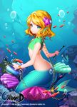  aile_(crossroads) blonde_hair breasts bubble chain character_request drum drumsticks fish green_eyes instrument mermaid monster_girl shell shirt short_hair short_sleeves small_breasts solo underwater unleashed 