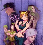  3girls bad_id bad_pixiv_id blonde_hair ermes_costello foo_fighters green_hair jojo_no_kimyou_na_bouken kiryamu kuujou_jolyne kuujou_joutarou multiple_boys multiple_girls narciso_anasui weather_report 