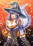  animal_ears black_gloves black_legwear blush breasts cleavage ears_through_headwear elbow_gloves garter_straps gloves hat highres jack-o'-lantern large_breasts leaning_forward looking_at_viewer minaha_(playjoe2005) open_mouth purple_hair shikihime_zoushi smile solo witch_hat yellow_eyes 