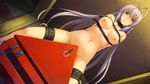  antenna_hair arms_behind_back bdsm blush bondage bound breasts collar dutch_angle game_cg long_hair looking_at_viewer medium_breasts navel nipples nude orion_(orionproject) purple_eyes purple_hair rance_(series) rance_ix senhime solo thigh_strap wooden_horse 