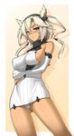  blonde_hair breasts cosplay crossed_arms dark_skin detached_sleeves dress glasses headgear kantai_collection large_breasts miyagi_yasutomo musashi_(kantai_collection) panties pantyshot pantyshot_(standing) pointy_hair red_eyes ribbed_dress seaport_hime seaport_hime_(cosplay) short_dress short_hair sideboob solo standing thighs two_side_up underwear 