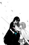  akemi_homura blood blue_flower blue_rose cape dddoochi1 dress eye_contact flower funeral_dress greyscale hair_ornament hairclip hand_on_another's_chin homulilly long_hair looking_at_another magical_girl mahou_shoujo_madoka_magica mahou_shoujo_madoka_magica_movie miki_sayaka monochrome multiple_girls rose short_hair spoilers spot_color stabbed sword weapon 