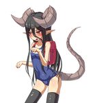  :o angry backpack bag bangs black_hair black_legwear blue_swimsuit blush breasts clenched_hands cowboy_shot dragon_girl dragon_horns dragon_tail dream_demon embarrassed fang from_side hair_between_eyes horned_girl_(dream_demon) horns legs_apart long_hair long_pointy_ears looking_to_the_side name_tag nose_blush one-piece_swimsuit open_mouth original paw_pose pointy_ears randoseru red_eyes school_swimsuit sidelocks simple_background small_breasts solo standing sweatdrop swimsuit tail tears thighhighs v-shaped_eyebrows very_long_hair 