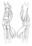  animal_ears detached_sleeves flower fox_ears fox_tail greyscale hair_flower hair_ornament hanami_shione japanese_clothes kimono lineart long_hair minaha_(playjoe2005) monochrome multiple_views original short_kimono sketch smile tail turnaround 