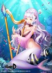  aile_(crossroads) breasts bubble character_request cleavage coral detached_sleeves earrings fish harp head_fins instrument jewelry large_breasts long_hair long_sleeves mermaid monster_girl open_mouth orange_eyes smile solo underwater unleashed white_hair 