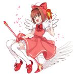  :d bow brown_hair card cardcaptor_sakura clow_card dddoochi1 dress full_body fuuin_no_tsue gloves green_eyes hair_bow hat kinomoto_sakura open_mouth pink_hat short_hair smile solo thighhighs wand white_gloves wings zettai_ryouiki 