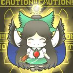  black_hair black_wings blush bow cape chibi closed_eyes control_rod hair_bow long_hair mismatched_footwear ponytail reiuji_utsuho smile soramame1110 touhou wings 