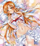  asuna_(sao) at_classics breasts brown_eyes brown_hair ear_covers frilled_pillow frills large_breasts long_hair lying navel pillow pointy_ears sample sword_art_online titania_(sao) traditional_media underboob 