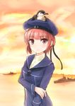  animal animal_on_head bird bird_on_head brown_eyes brown_hair clothes_writing destroyer deza dress hat kantai_collection looking_at_viewer md5_mismatch military military_vehicle on_head sailor_collar sailor_dress sailor_hat seagull ship short_hair sunset warship water watercraft z3_max_schultz_(kantai_collection) 