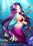  aile_(crossroads) blue_eyes blush bubble character_request copyright_name fingerless_gloves fish flute gloves instrument long_hair mermaid monster_girl o-ring purple_hair smile solo tank_top underwater unleashed 