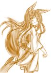  animal_ears fox_ears fox_tail japanese_clothes kimono long_hair looking_back minaha_(playjoe2005) monochrome obi original sash simple_background sketch smile solo tail tamani_wakashi white_background 