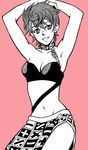  arms_behind_head blush breasts choker cleavage jojo_no_kimyou_na_bouken medium_breasts midriff monochrome open_mouth pink_background short_hair sima_nozomu skirt smile solo trish_una vento_aureo 