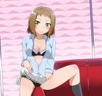  bad_id bad_pixiv_id black_bra black_legwear black_panties blue_shirt blush bow bow_bra bra breasts brown_hair couch dress_shirt faon_ouji green_eyes highres kira_tsubasa lace lace_panties leg_up looking_at_viewer love_live! love_live!_school_idol_project medium_breasts miniskirt open_clothes open_shirt panties pleated_skirt shirt short_hair skindentation skirt skirt_lift smile solo straddling underwear 