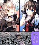  2girls ;d adjusting_hair admiral_(kantai_collection) amatsukaze_(kantai_collection) blue_eyes braid brown_eyes dress garter_straps hair_over_shoulder hatoheriko kantai_collection long_hair multiple_girls one_eye_closed open_mouth rain sailor_dress school_uniform serafuku shigure_(kantai_collection) silver_hair single_braid smile thighhighs translated two_side_up 